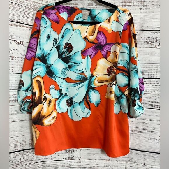 Chico’s Top Womens Sz XL Floral Tropical Iris Print Bateau Neck Blouse colorful - Picture 2 of 11